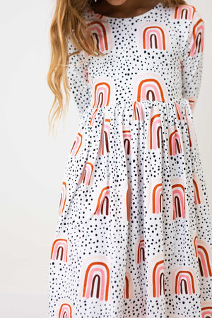 Peach Rainbow 3/4 Sleeve Pocket Twirl Dress-Mila & Rose ®
