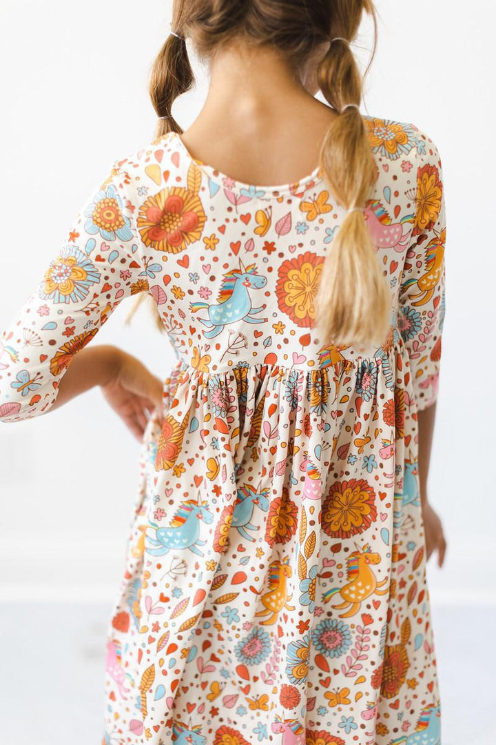 Retro Unicorns 3/4 Sleeve Pocket Twirl Dress-Mila & Rose ®