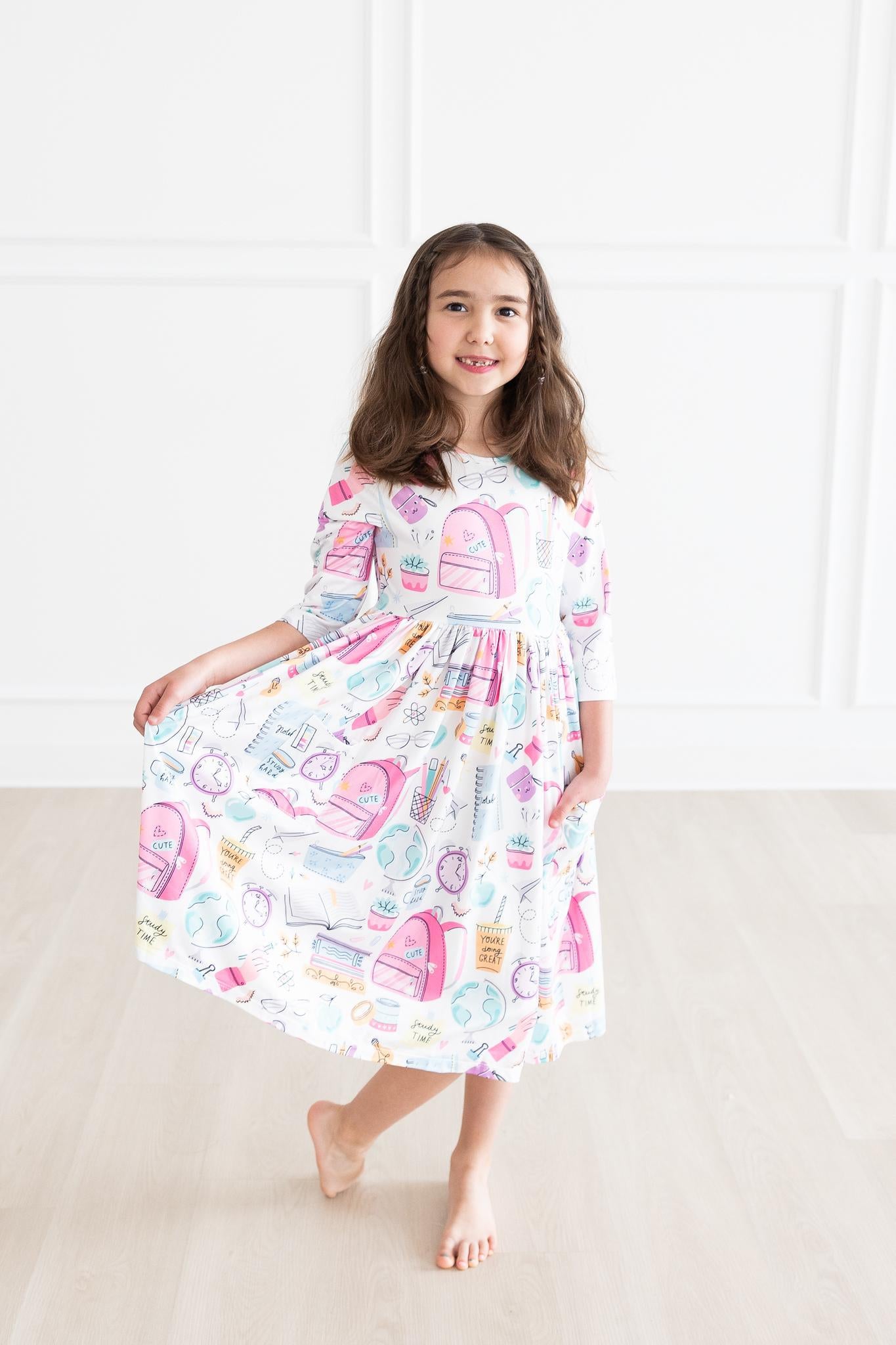 School is Cool 3/4 Sleeve Pocket Twirl Dress-Mila & Rose ®