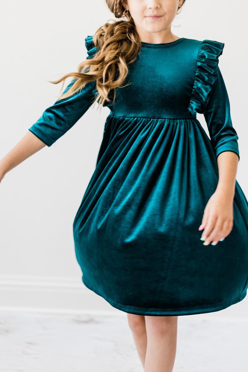 Teal Velvet Ruffle Twirl Dress-Mila & Rose ®