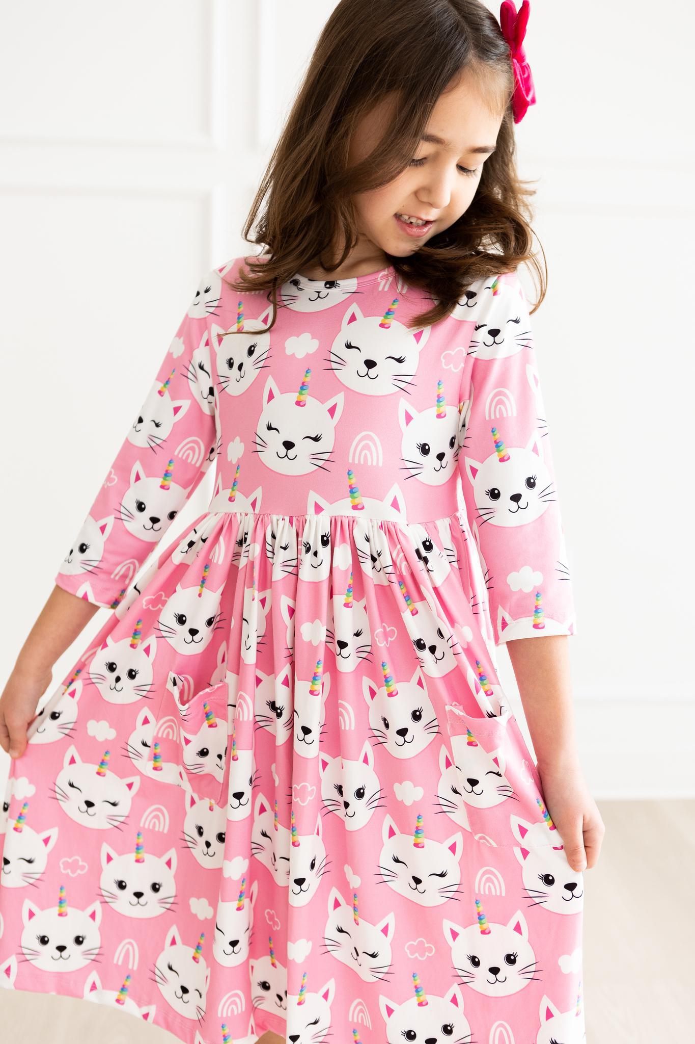 Unicorn Kitties 3/4 Sleeve Pocket Twirl Dress | Mila & Rose