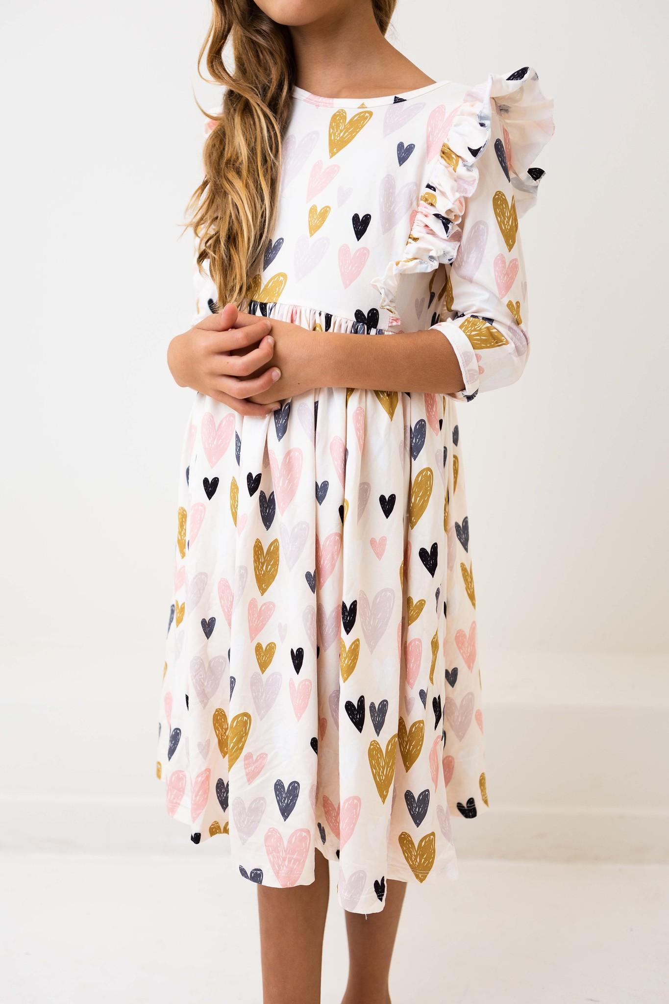 (V) I Heart You 3/4 Sleeve Ruffle Twirl Dress-Mila & Rose ®