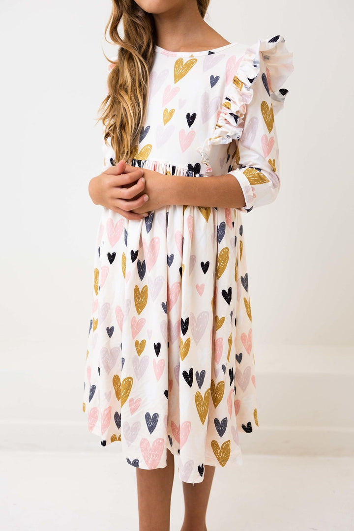 (V) I Heart You 3/4 Sleeve Ruffle Twirl Dress-Mila & Rose ®
