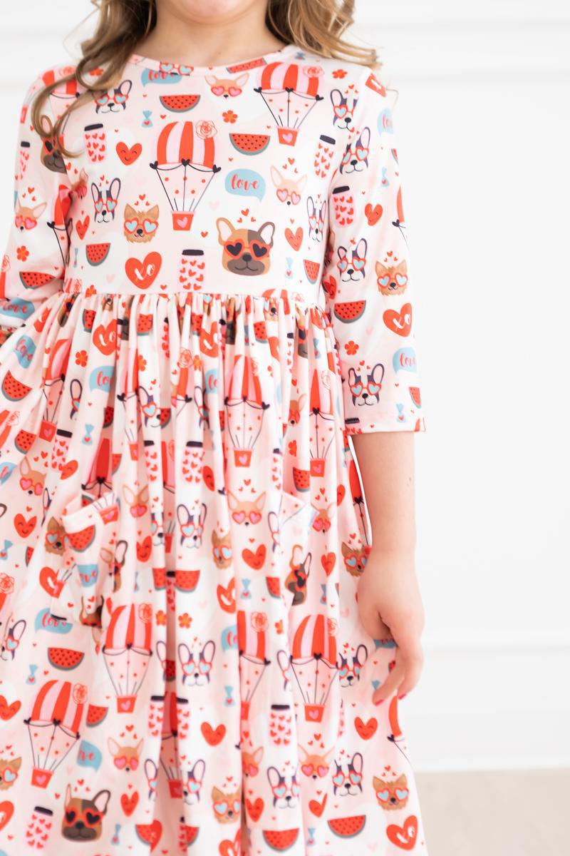 (V) Puppy Love 3/4 Sleeve Pocket Twirl Dress-Mila & Rose ®