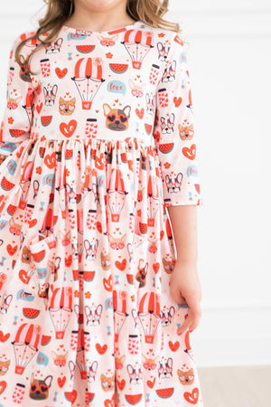 (V) Puppy Love 3/4 Sleeve Pocket Twirl Dress-Mila & Rose ®