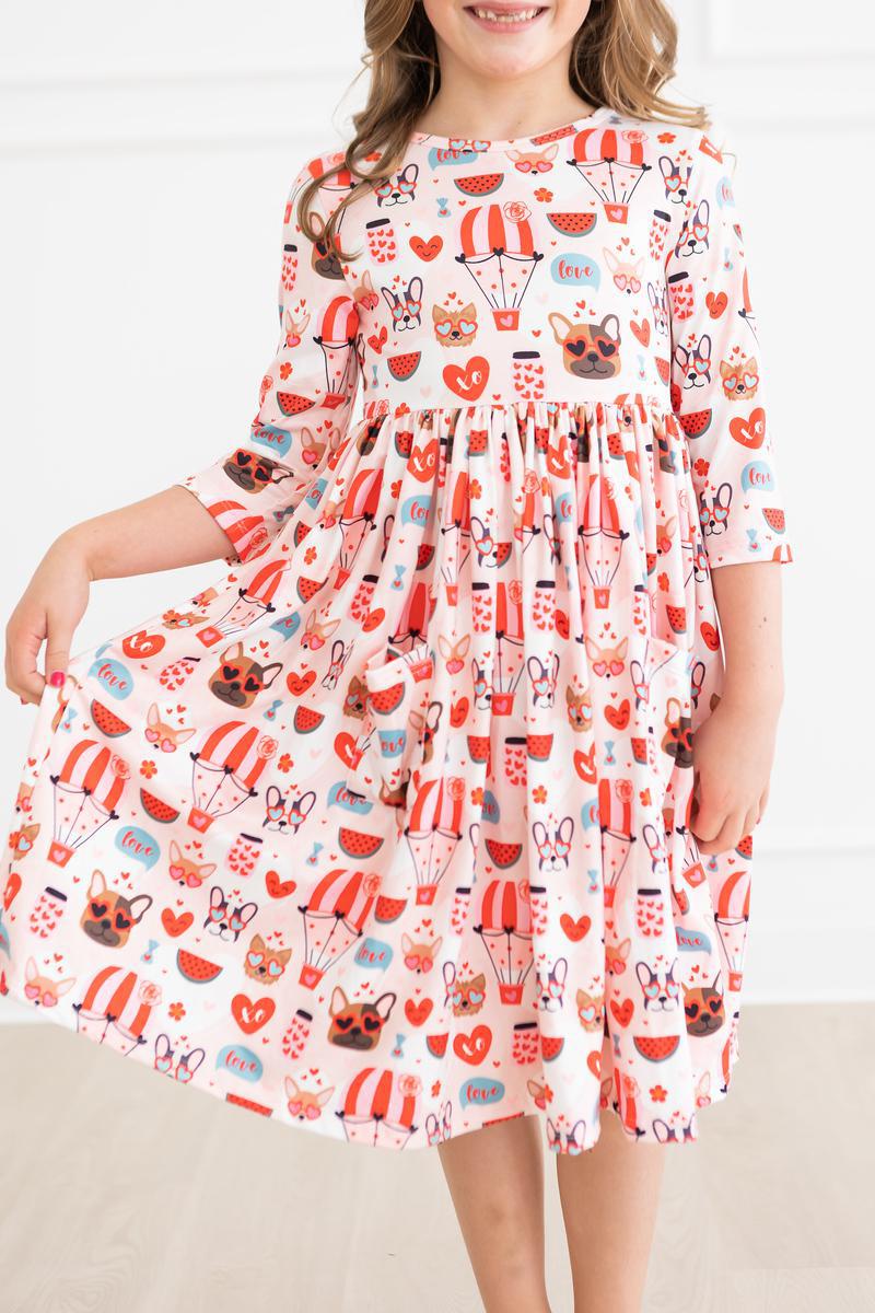 (V) Puppy Love 3/4 Sleeve Pocket Twirl Dress-Mila & Rose ®