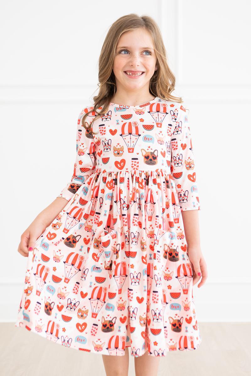 (V) Puppy Love 3/4 Sleeve Pocket Twirl Dress-Mila & Rose ®