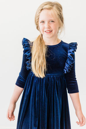 Navy Velvet Ruffle Twirl Dress-Mila & Rose ®