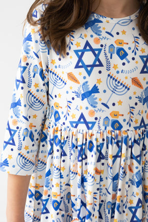 Happy Hanukkah 3/4 Sleeve Pocket Twirl Dress-Mila & Rose ®