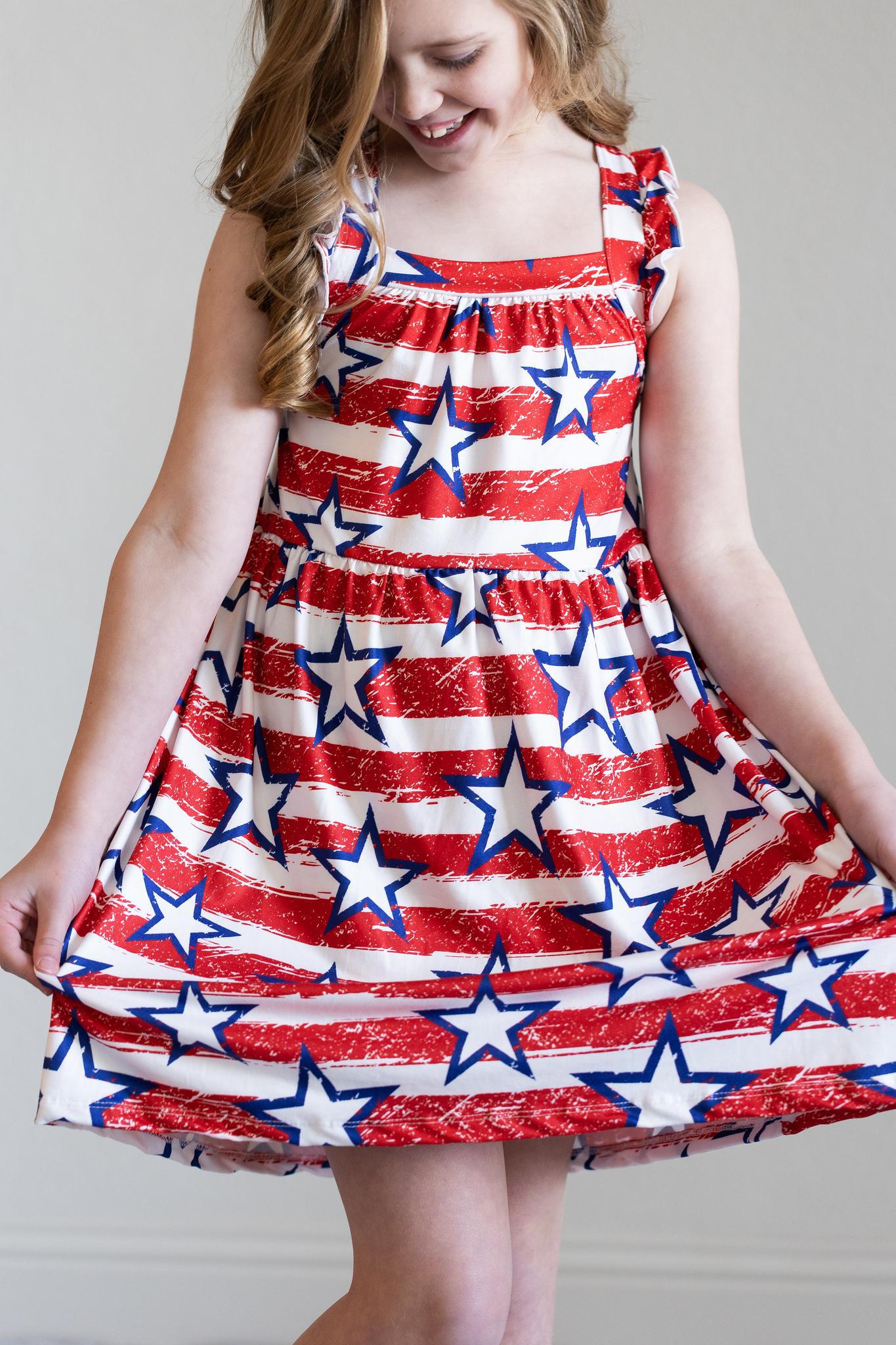 Stars & Stripes Ruffle Cross Back Dress-Mila & Rose ®