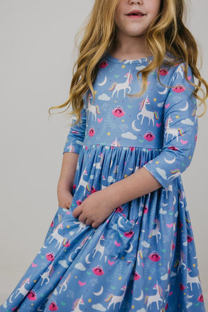 Blue Moon 3/4 Sleeve Pocket Twirl Dress-Mila & Rose ®
